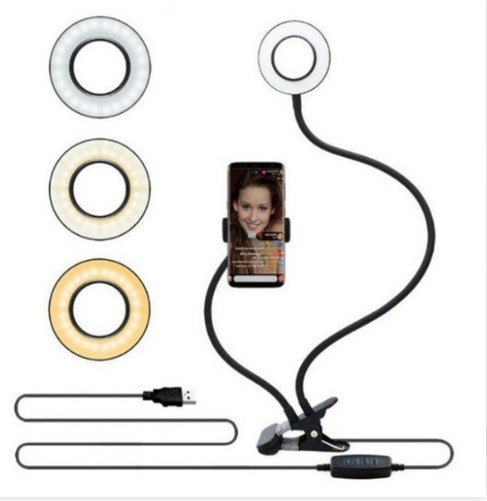 "Verstellbares LED Selfie Ringlicht mit 8cm Standfuß - Ideal für Live-Übertragungen und Makeup, 3 Lichtfarben, 10 Helligkeitsstufen, Universal Handyhalterung"