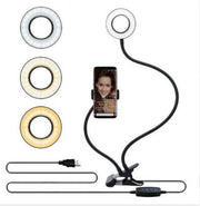 "Verstellbares LED Selfie Ringlicht mit 8cm Standfuß - Ideal für Live-Übertragungen und Makeup, 3 Lichtfarben, 10 Helligkeitsstufen, Universal Handyhalterung"