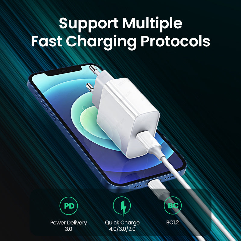 "Schnellladegerät Adapter mit Ladekabel: 20W, PD Protokoll, Kompatibel für EU & US"