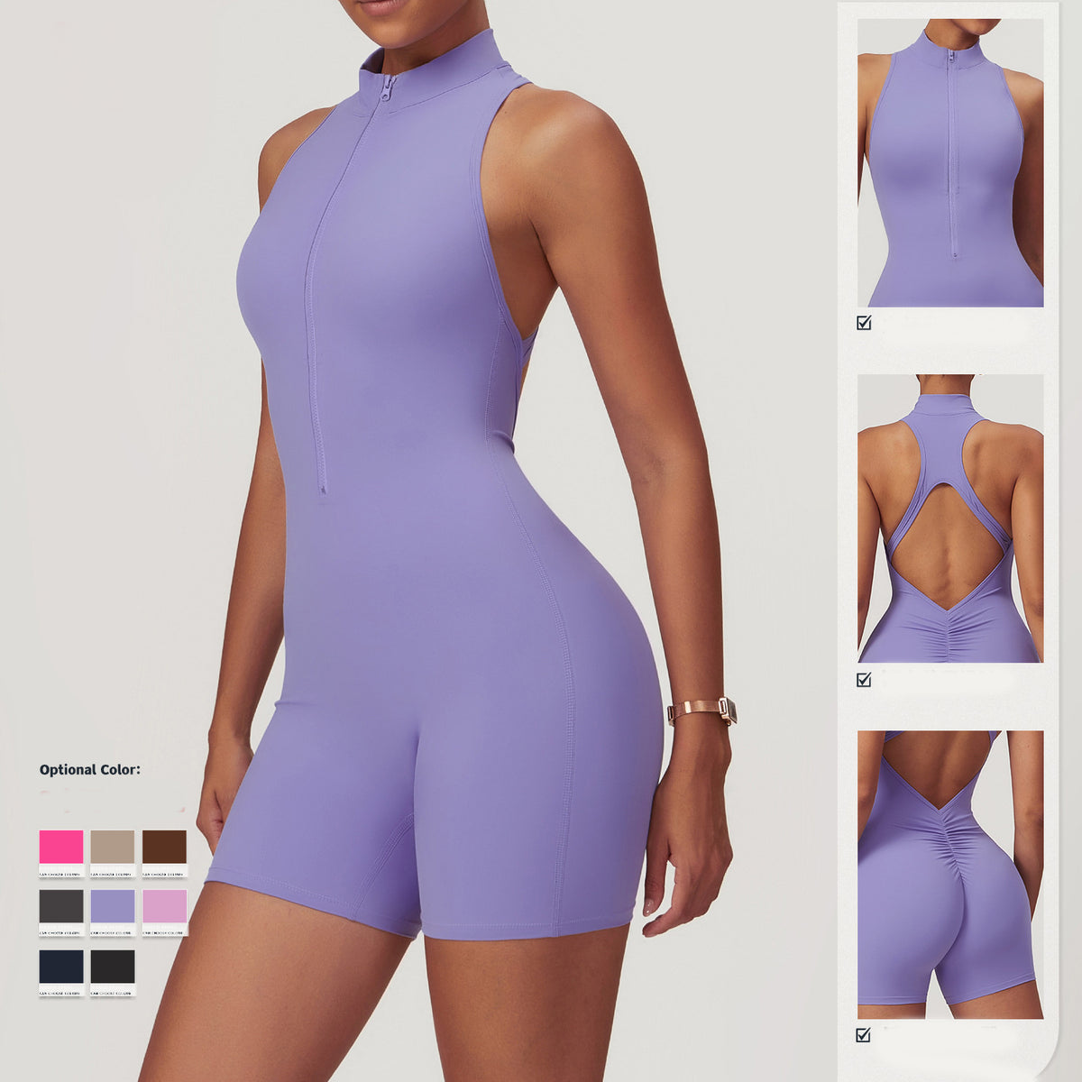 "Sommer Fitness Yoga Overall mit Reißverschluss für Frauen - Rückenfreie Kurze Bodysuit in Verschiedenen Farben und Größen"