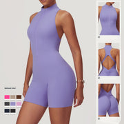 "Sommer Fitness Yoga Overall mit Reißverschluss für Frauen - Rückenfreie Kurze Bodysuit in Verschiedenen Farben und Größen"