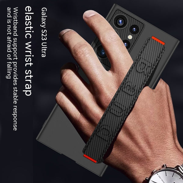 "Ultra-Dünne Schutzhülle mit Armbandhalterung für Samsung - PC Material, Anti-Ausbleichen, In Waldgrün, Kalt-Schwarz, Schaum-Silber, Kohlefaser-Muster"