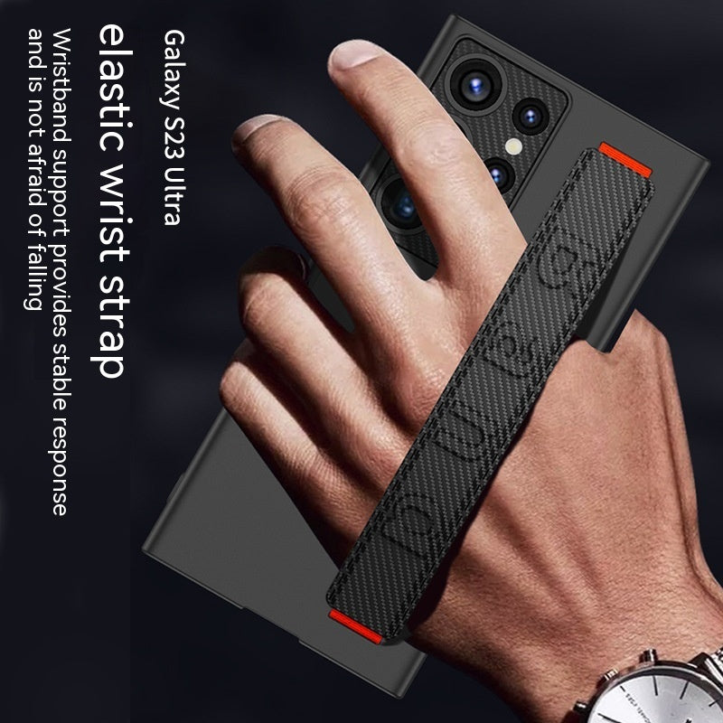 "Ultra-Dünne Schutzhülle mit Armbandhalterung für Samsung - PC Material, Anti-Ausbleichen, In Waldgrün, Kalt-Schwarz, Schaum-Silber, Kohlefaser-Muster"