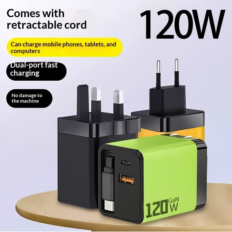"120W GaN Schnellladegerät mit Integriertem Einziehbaren Kabel - Typ-C, Mehrfarben Optionen"