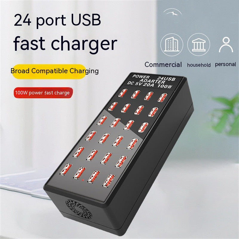 "Schnellladender USB-Multiport-Ladegerät mit 24 Anschlüssen, Brandschutz ABS-PC Material, Schwarz"