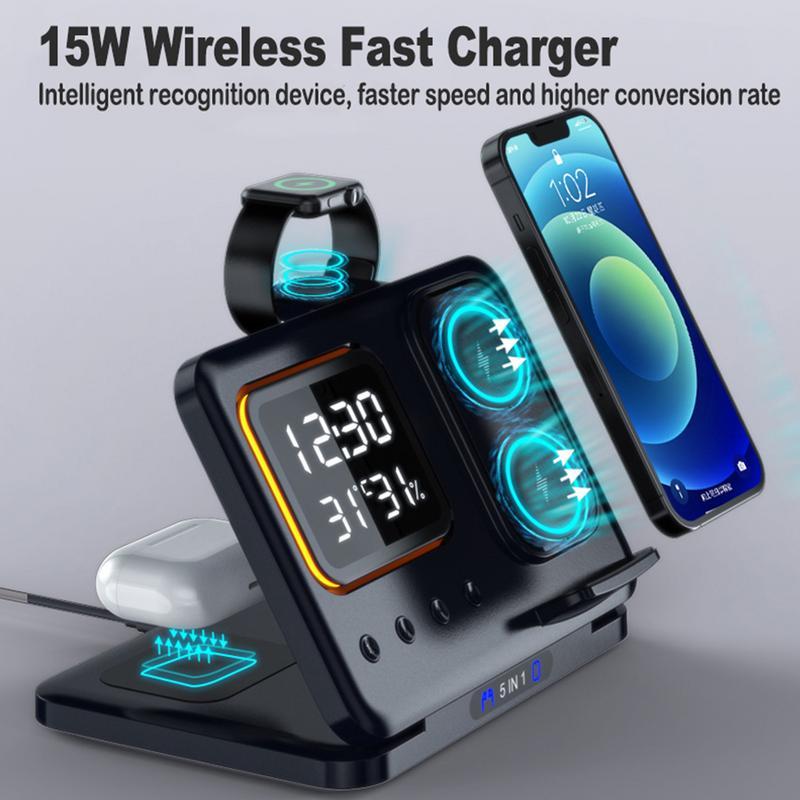 "5-in-1 Multifunktions-Ladegerät: 15W Schnellladestation, LED-Digitalwecker und Umgebungssensor in stilvollem Design"