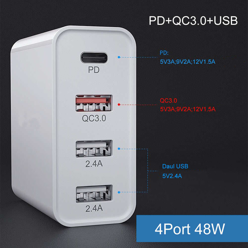 "Schnellladegerät für Handys mit 4 Anschlüssen: PD, QC und 2 USB, Elegantes Design in Schwarz oder Weiß"