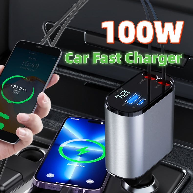 "Ultra-Schnell 100W Metall Auto Ladegerät - USB und TYPE-C Adapter mit Zigarettenanzünder - Einfache Handhabung und einstellbare Richtung"