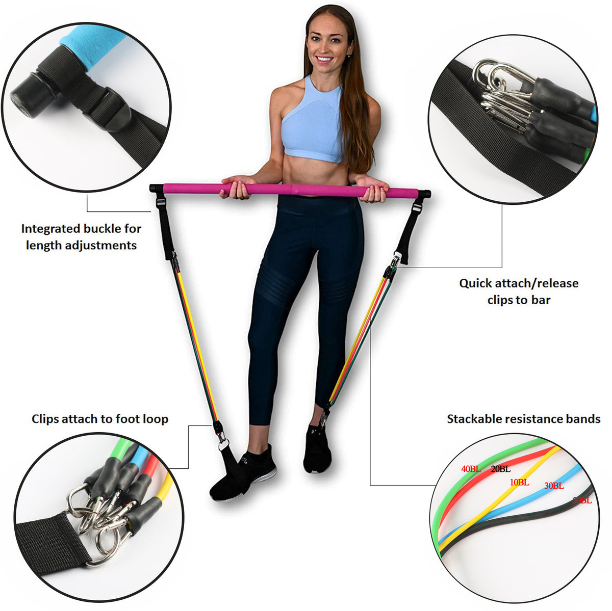 "Tragbare Fitness Yoga Pilates Stange: Gymnastikzubehör für Ganzkörpertraining - Elastische Widerstandsbänder für Heimtrainer, 10lb bis 50lb"