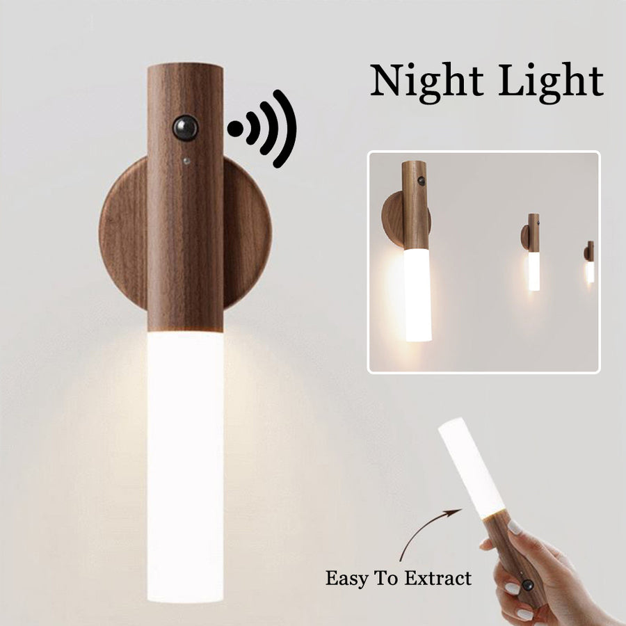 "Automatisches LED-Nachtlicht mit USB, Magnetischer Holz-Basis, Kabellos, PIR-Bewegungssensor, Ideal für Korridore, Veranda & Schränke"