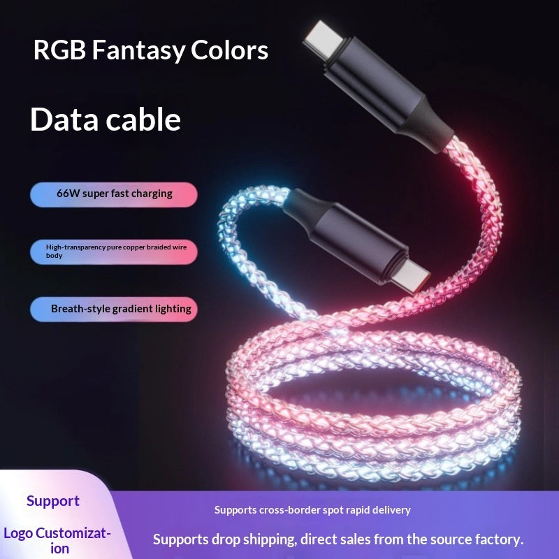 "Leuchtendes RGB-Datenkabel, Farbenfrohes, Über 1 Meter langes Ladekabel, Geflochtenes Material, Verfügbar in Weiß, Mit Lightning, Micro USB, TYPE-C Schnittstellen"