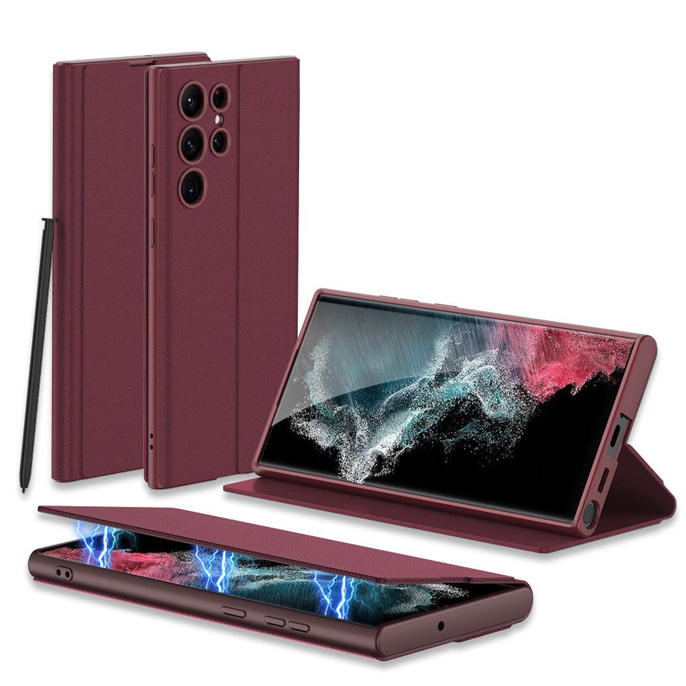 "All-Inclusive Magnetische Saug-Ledertasche mit Feinen Löchern für Samsung - in Waldgrün, Kalt-Schwarz, Karbonfaser-Muster und Weinrot"