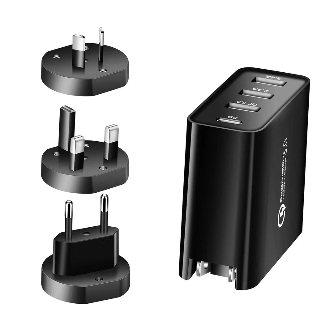 "Schnellladegerät für Handys mit 4 Anschlüssen: PD, QC und 2 USB, Elegantes Design in Schwarz oder Weiß"