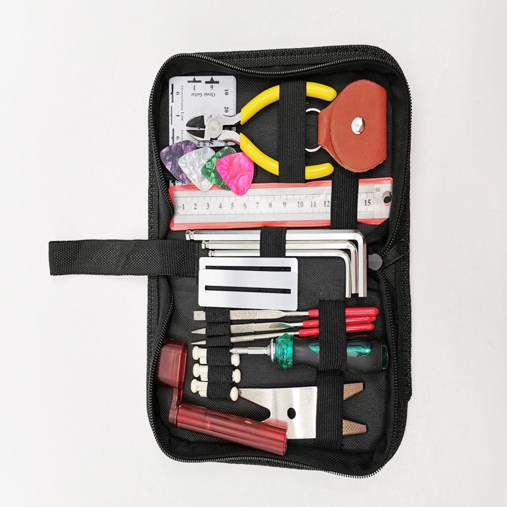 "26-teiliges Gitarren-Reparatur-Set aus Metall und Edelstahl: Werkzeugtasche mit Maßstab, Distanzmesser, Schraubendreher, Multifunktions-Schlüssel und mehr"