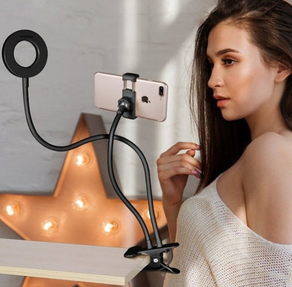 "Verstellbares LED Selfie Ringlicht mit 8cm Standfuß - Ideal für Live-Übertragungen und Makeup, 3 Lichtfarben, 10 Helligkeitsstufen, Universal Handyhalterung"