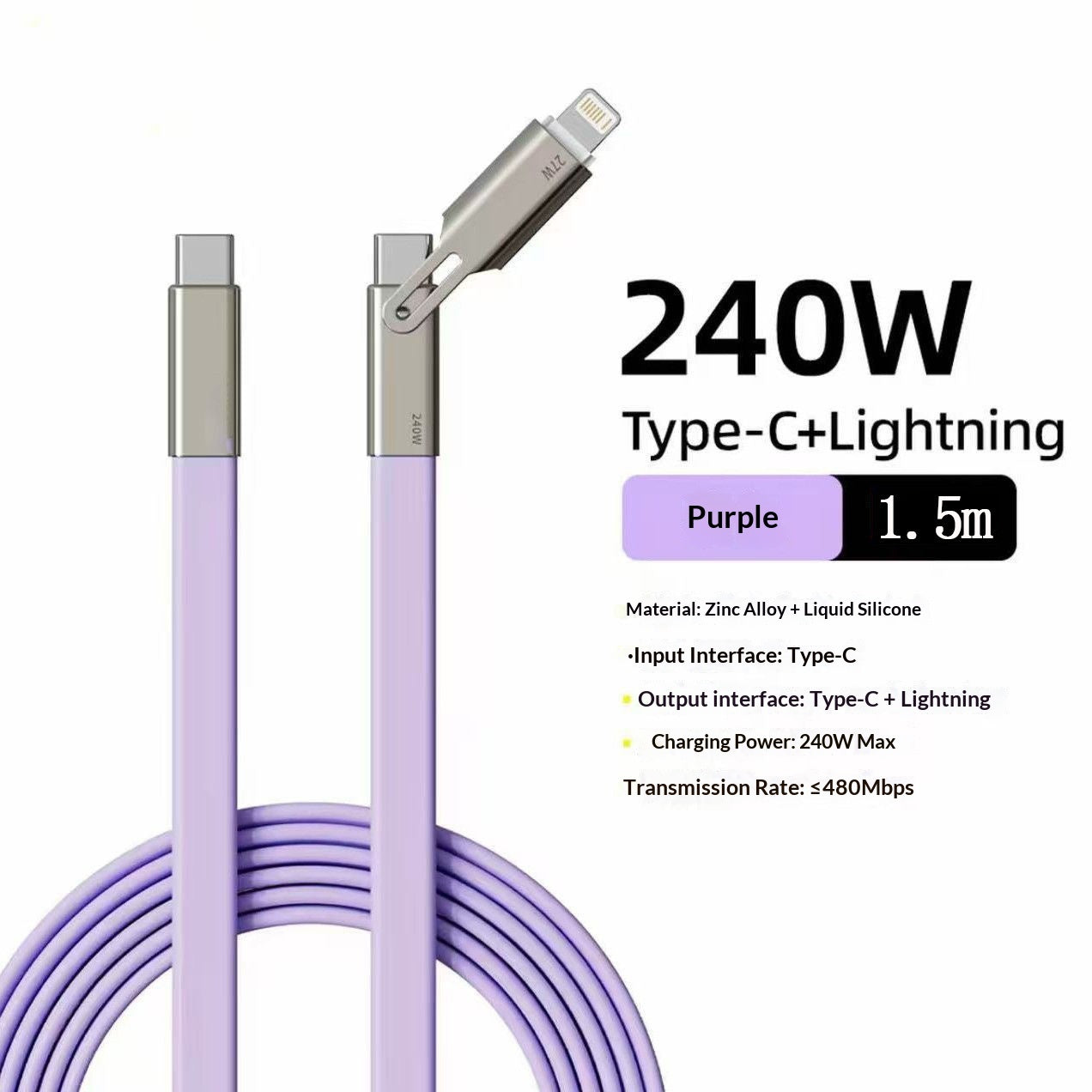 "240W Hochkompatibles Multi-Protokoll 2-in-1 Ladekabel aus Silikon - Schnellladung, Lightning & Typ-C Ports"