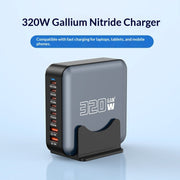 "Universal 320W GaN Schnellladegerät - Hohe Leistung, Typ-C, Schwarzes Kunststoffgehäuse, Verschiedene Stromkabelstandards - US, EU, UK, AU"
