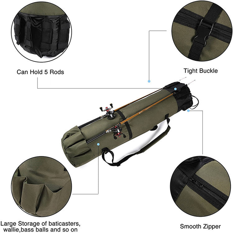 "Multifunktionale Zylinder-Angeltasche für Outdoor: Robust, Leicht & Geräumig - Perfekt für Angelruten und -zubehör"