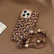 "Europäische und Amerikanische Leopardenmuster Plüsch Lanyard Handyhülle im Vintage-Stil, Stoßschutz, Synthetikleder, Kompatibel mit iPhone"