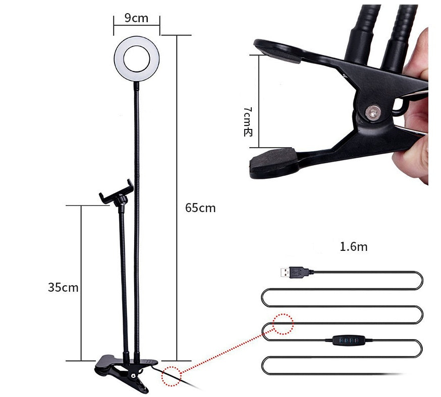 "Verstellbares LED Selfie Ringlicht mit 8cm Standfuß - Ideal für Live-Übertragungen und Makeup, 3 Lichtfarben, 10 Helligkeitsstufen, Universal Handyhalterung"