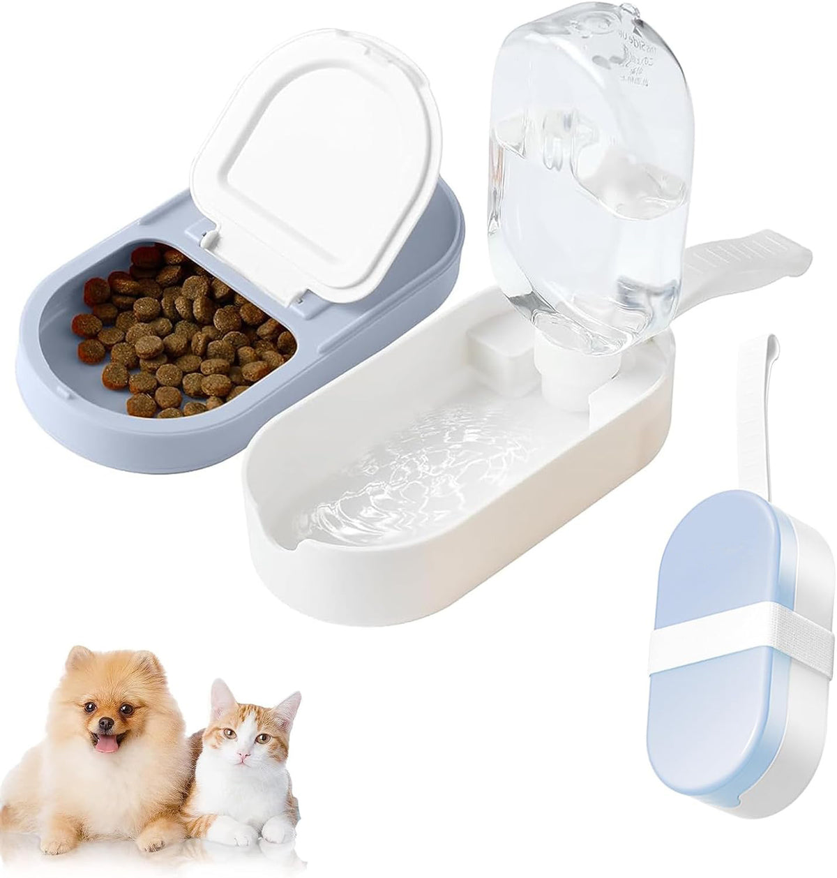 "All-in-One Reise-Haustier-Wasserflasche & Futterbehälter, 250ml, BPA-Frei, Auslaufsicher, Ideal für Hunde, Katzen, Kaninchen - Blau/Gelb"