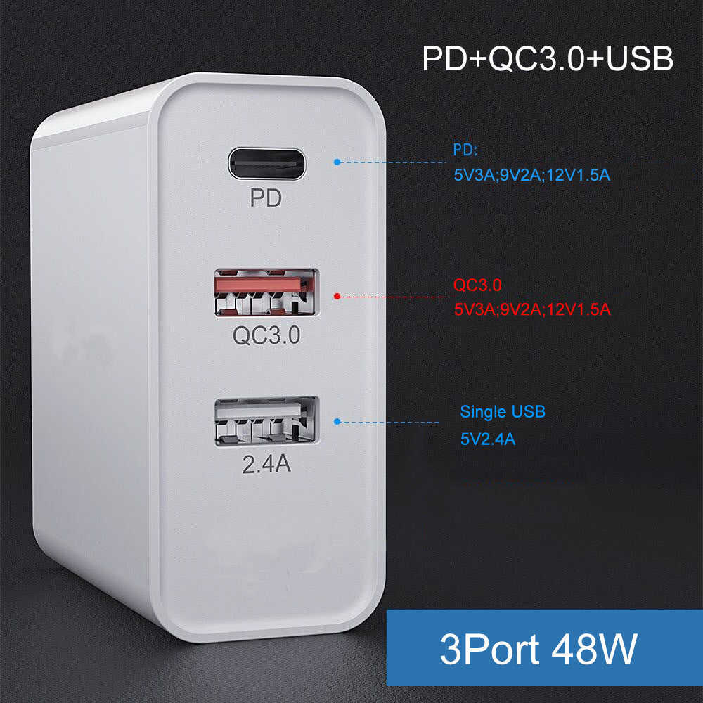 "Schnellladegerät für Handys mit 4 Anschlüssen: PD, QC und 2 USB, Elegantes Design in Schwarz oder Weiß"