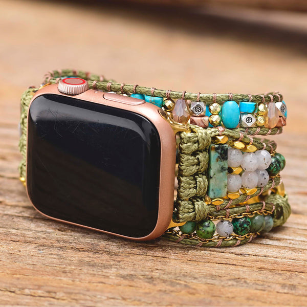 "Boho-Stil Afrikanische Kiefernstein Perlenarmband Grün Uhrband Kompatibel mit iPhone Modellen 38-45mm"