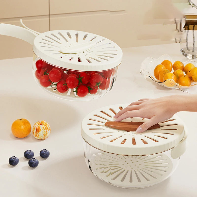 "Multifunktionaler Abtropfkorb mit Deckel für Obst und Gemüse - Faltbarer Griff, Kühlschrank-Aufbewahrungsbox, Küchenhelfer für schnelle Wasserablauf und Frischhalte"