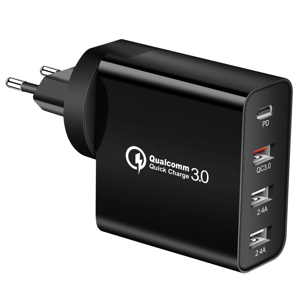 "Schnellladegerät für Handys mit 4 Anschlüssen: PD, QC und 2 USB, Elegantes Design in Schwarz oder Weiß"