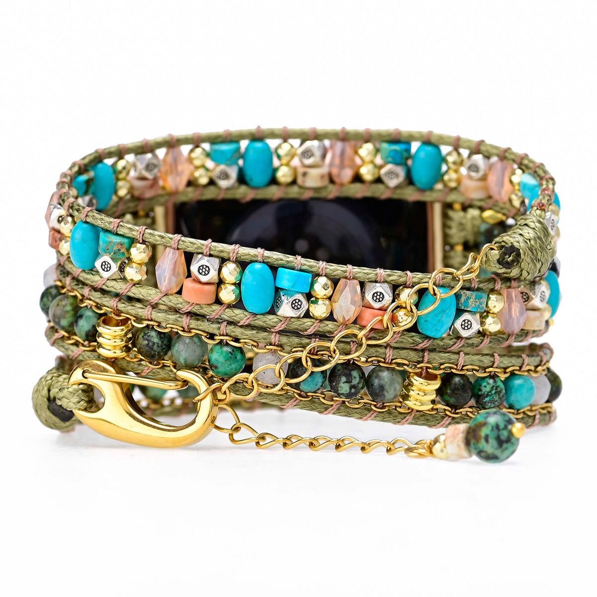 "Boho-Stil Afrikanische Kiefernstein Perlenarmband Grün Uhrband Kompatibel mit iPhone Modellen 38-45mm"