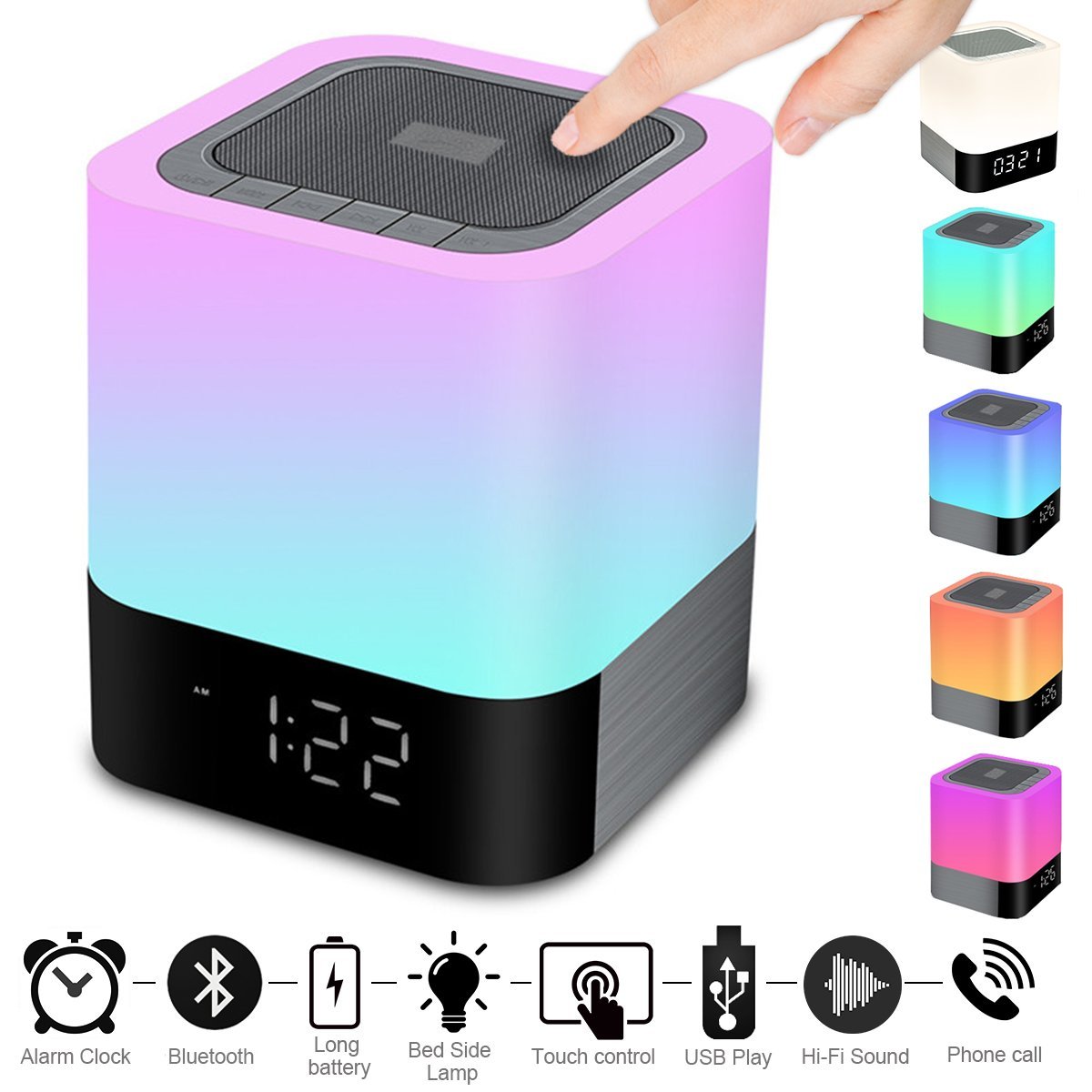 "Tragbarer Bluetooth Wecker Lautsprecher mit Touchscreen, LED-Licht und Farbenfroher Beleuchtung - 4000mAh Akku, 5W+ Verstärker"