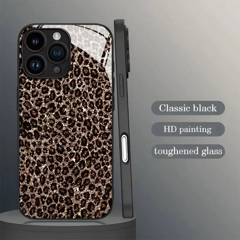 "Individuell Gestaltbare Schwarze Leopardenmuster iPhone Hülle - Kratzfestes Glas, Modisch & Luxuriös"