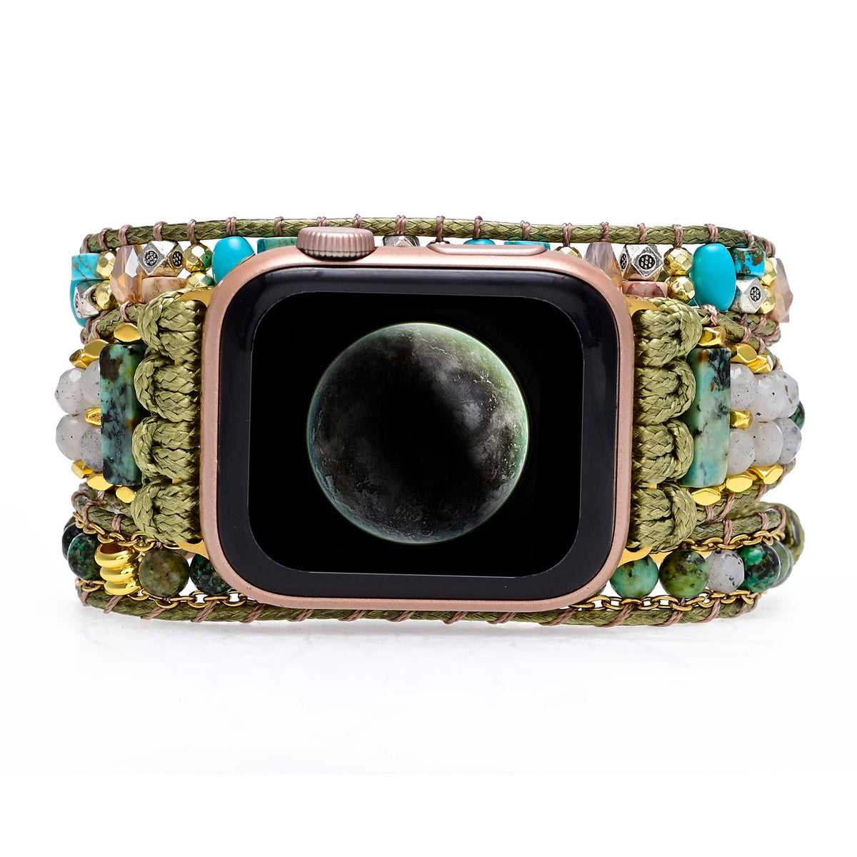 "Boho-Stil Afrikanische Kiefernstein Perlenarmband Grün Uhrband Kompatibel mit iPhone Modellen 38-45mm"