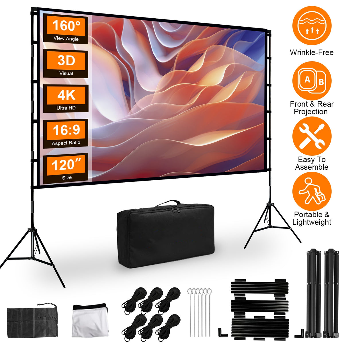 "Premium 4K HD Projektor Leinwand 120/100 Zoll mit Standfuß - Faltenfrei, Tragbar, für Innen- und Außenkino - Inklusive Tragetasche"
