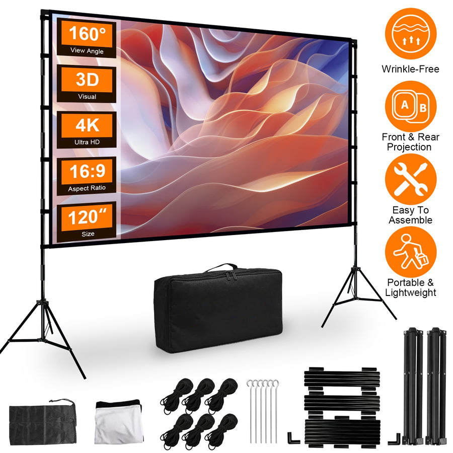 "Premium 4K HD Projektor Leinwand 120/100 Zoll mit Standfuß - Faltenfrei, Tragbar, für Innen- und Außenkino - Inklusive Tragetasche"