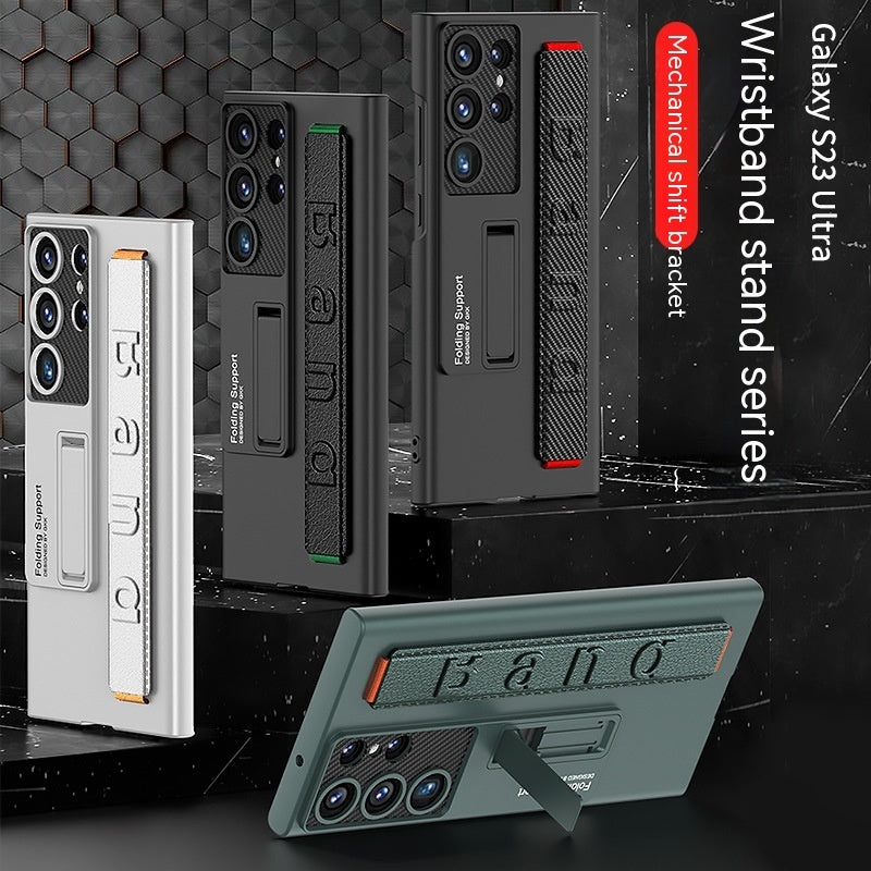 "Ultra-Dünne Schutzhülle mit Armbandhalterung für Samsung - PC Material, Anti-Ausbleichen, In Waldgrün, Kalt-Schwarz, Schaum-Silber, Kohlefaser-Muster"