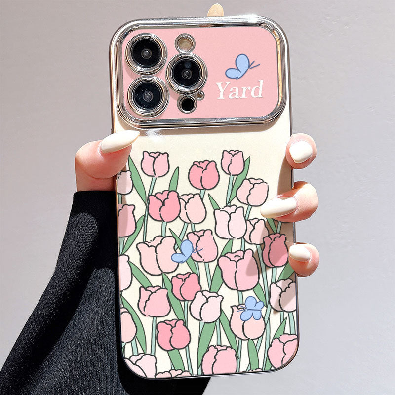 "Robustes, elektroplattiertes Blumendesign Handyhülle für Großbildschirme, Stoßfest und Kratzfest mit stilvollen Silberherz-Perlen"
