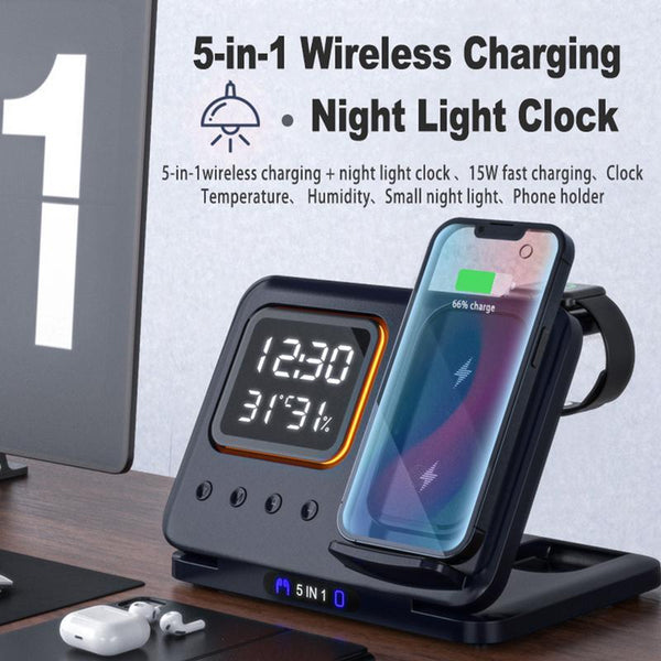 "5-in-1 Multifunktions-Ladegerät: 15W Schnellladestation, LED-Digitalwecker und Umgebungssensor in stilvollem Design"