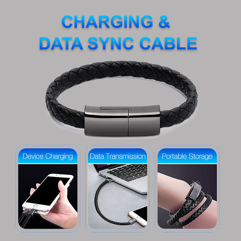 "Multifunktionales Lederarmband mit integriertem USB-C, iPhone 14/13 Max und Micro USB Ladekabel - Tragbares, langlebiges und stilvolles Zubehör in Schwarz"