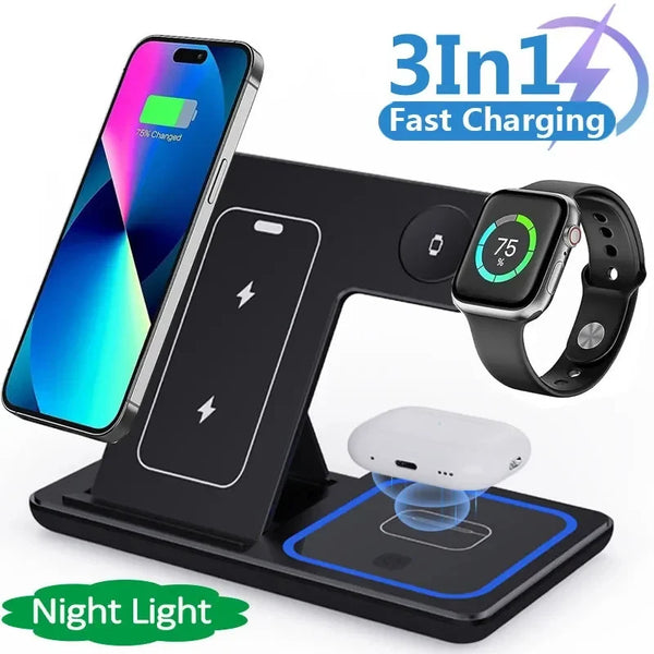 "15W 3-in-1 LED Schnellladegerät: Faltbare Ladestation für Smartphones, iWatch & AirPods Pro - Kompaktes Design, Sicheres & Effizientes Laden"