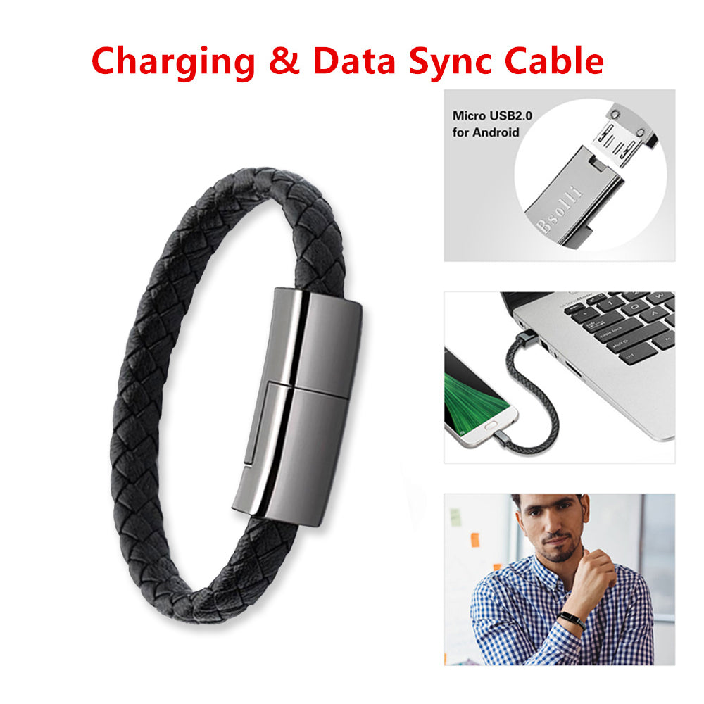 "Multifunktionales Lederarmband mit integriertem USB-C, iPhone 14/13 Max und Micro USB Ladekabel - Tragbares, langlebiges und stilvolles Zubehör in Schwarz"
