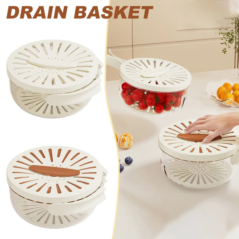 "Multifunktionaler Abtropfkorb mit Deckel für Obst und Gemüse - Faltbarer Griff, Kühlschrank-Aufbewahrungsbox, Küchenhelfer für schnelle Wasserablauf und Frischhalte"