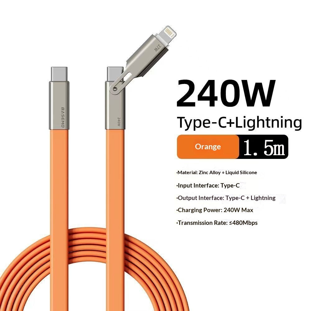 "240W Hochkompatibles Multi-Protokoll 2-in-1 Ladekabel aus Silikon - Schnellladung, Lightning & Typ-C Ports"