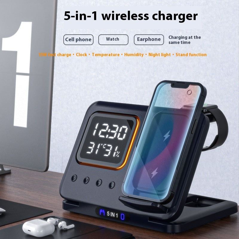 "5-in-1 Multifunktions-Ladegerät: 15W Schnellladestation, LED-Digitalwecker und Umgebungssensor in stilvollem Design"