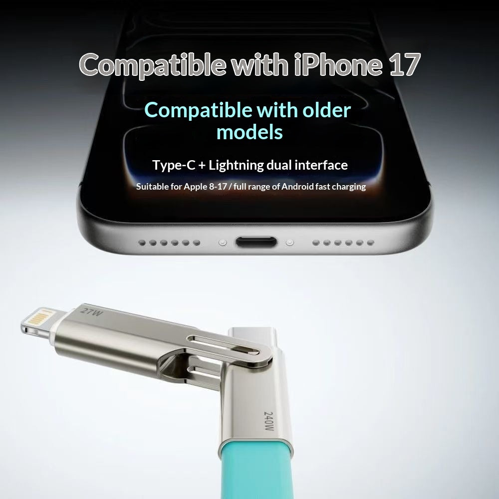 "240W Hochkompatibles Multi-Protokoll 2-in-1 Ladekabel aus Silikon - Schnellladung, Lightning & Typ-C Ports"