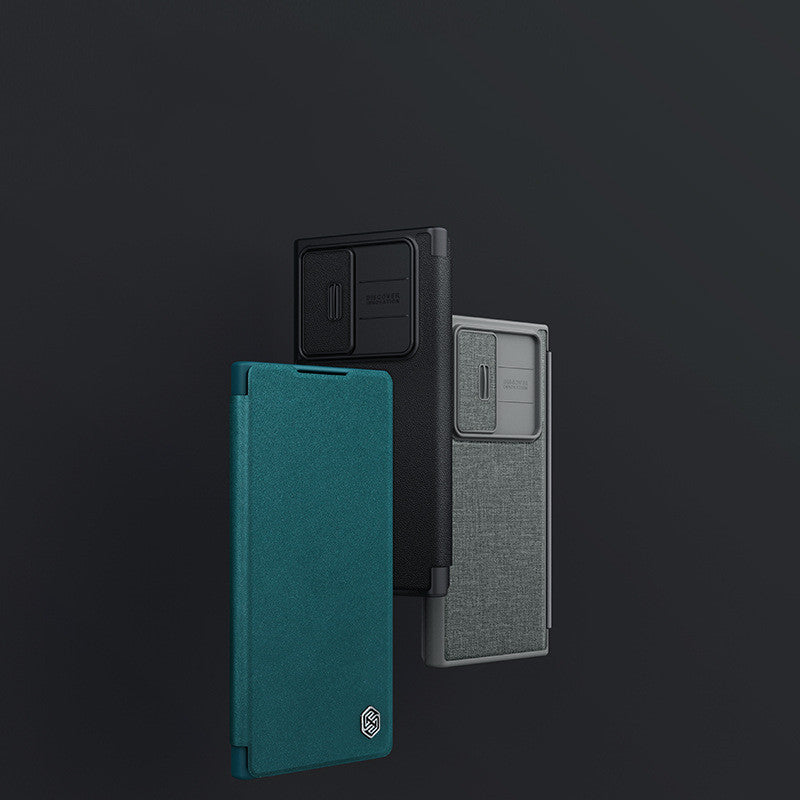 "Premium Leder Handyhülle mit Anti-Peep Objektivabdeckung und Flip-Cover für Samsung S23 ULTRA - Stoßfest, in Schwarz, Rot, Braun und Musterdesigns"