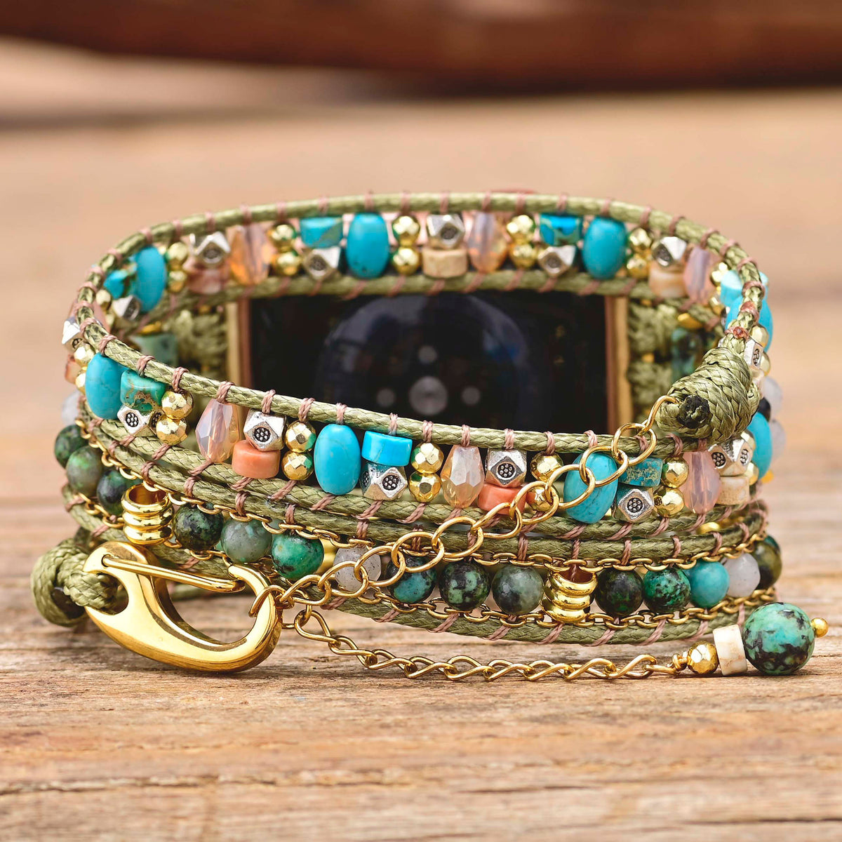 "Boho-Stil Afrikanische Kiefernstein Perlenarmband Grün Uhrband Kompatibel mit iPhone Modellen 38-45mm"