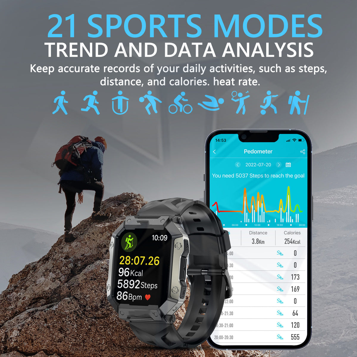 "Modische Sport-Smartwatch mit Herzfrequenzmessung, Wasserdicht, Silikonarmband, TFT-Bildschirm, Magnetisches Laden - Schwarz/Orange/Grün/Gelb"