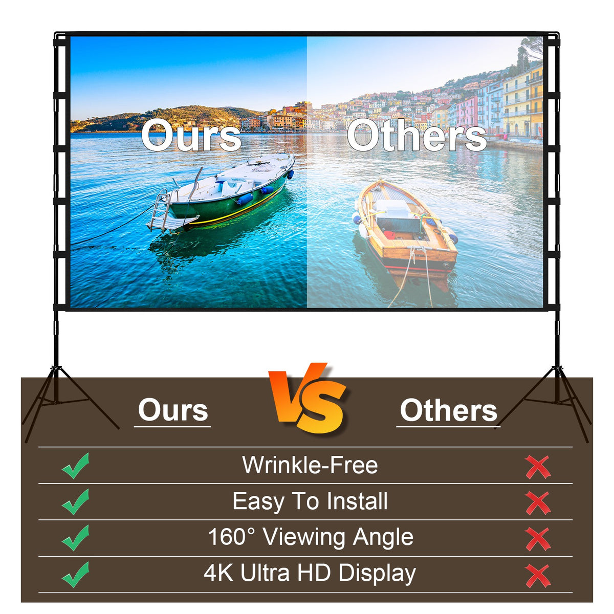 "Premium 4K HD Projektor Leinwand 120/100 Zoll mit Standfuß - Faltenfrei, Tragbar, für Innen- und Außenkino - Inklusive Tragetasche"