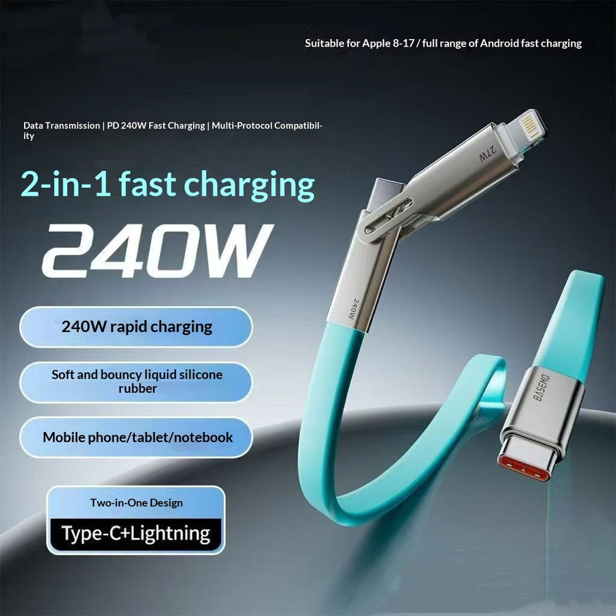 "240W Hochkompatibles Multi-Protokoll 2-in-1 Ladekabel aus Silikon - Schnellladung, Lightning & Typ-C Ports"